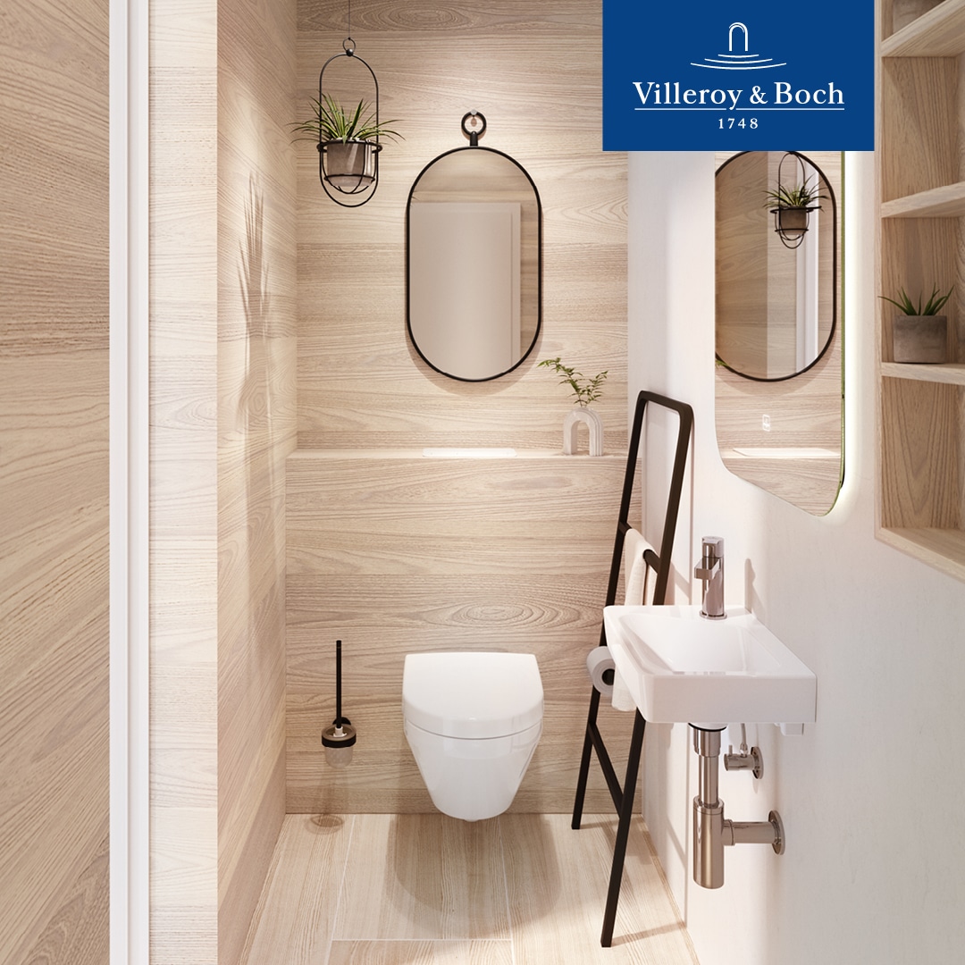 Modernes Badezimmer mit Holzverkleidung und Pflanzen.