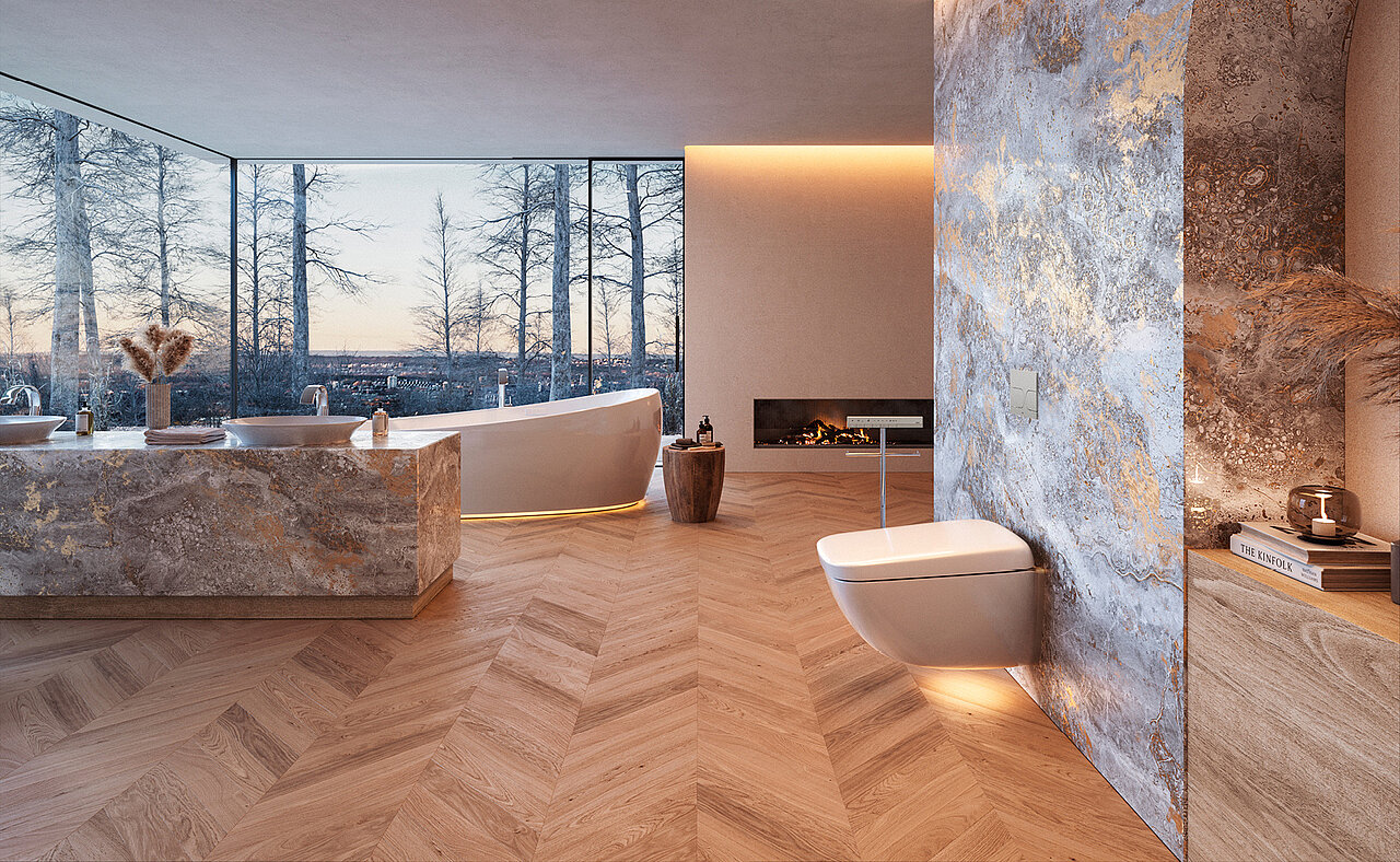 Modernes Badezimmer mit freistehender Badewanne und großem Fenster.